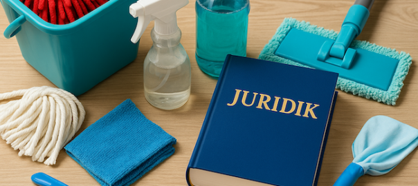 Juristbok placerad bredvid städredskap som moppar, trasor och rengöringsmedel